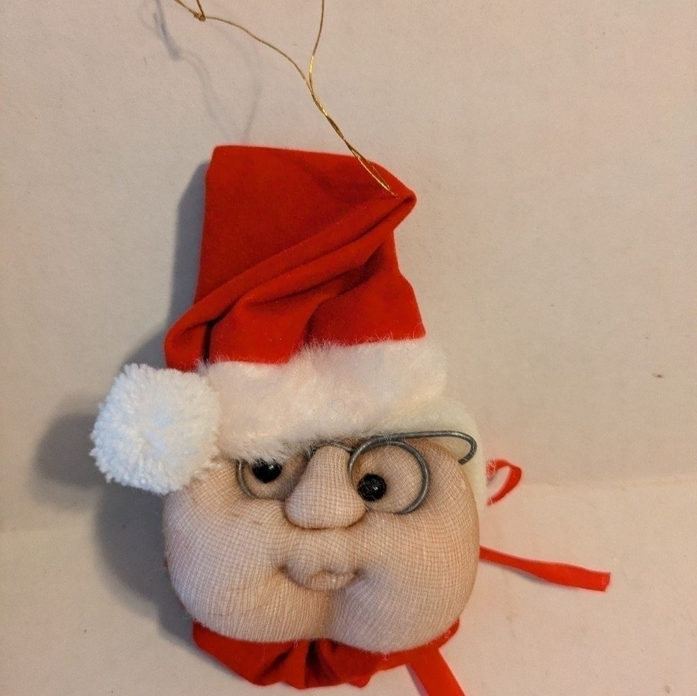 Vintage Pantyhose Face Santa with no beard ornament, new in box. 1984